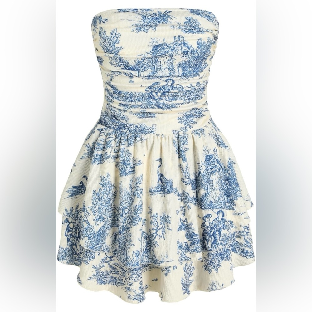 CIDER Toile de Jouy Shirred Ruched Mini Dress.